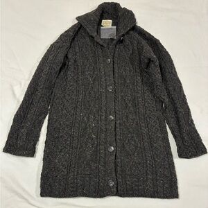 Kilronan Knitwear L Long Irish‎ Aran Cable Knit Cardigan Coat 96% Wool Shawl